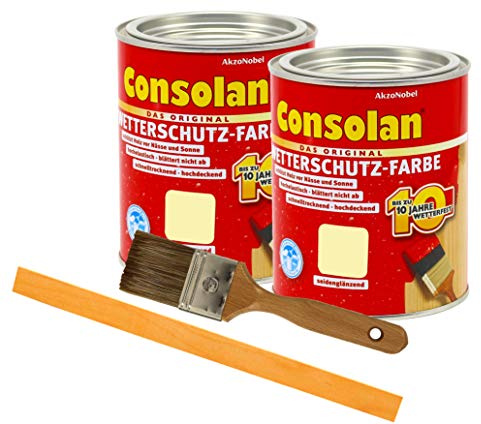 Consolan Wetterschutzfarbe deckend / 2x 0,75L / Holzschutzfarbe Holzfarbe bis zu 10 Jahre wetterbeständig für Holz und Zink Außen inkl. Pinsel & Rührstab (nordischgelb)