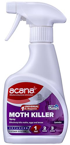 Acana Moth Killer & Freshener, Lavender, 275ml - Spray Formula, Kills Moths, Eggs & Larvae - Licensed Insecticide - Non-staining - for Carpets, Curtains & Cushions