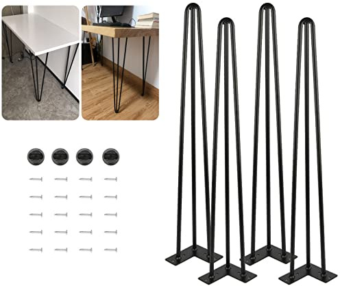 DICN 4PCS Metal Table Legs 34 Inch 3-Rod Hairpin Furniture Legs DIY Home Bench Dining Desk End Coffee Table Feet with Screws & Protective Feet Covers, Black