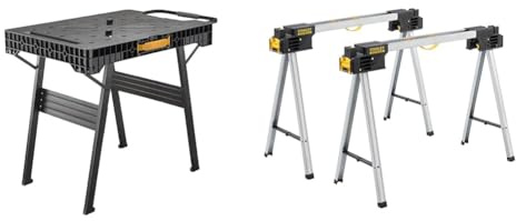 Stanley FatMax klappbare Werkbank (bis 455kg belastbar) FMST1-75672 & FatMax Unterstellböcke (aus Metall, mit klappbaren Metallbeinen, bis 900 kg belastbar, mit V-förmiger Nut, 2 Stück) FMST1-75763
