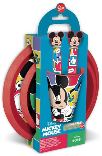 Disney - Juego de vajilla de 5 piezas rojo y azul de plástico Mickey Mouse con platos, vaso y cubiertos