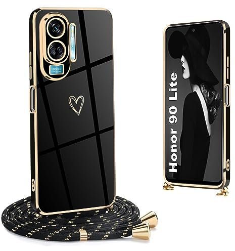 Ptny Compatible Honor 90 Lite Case with Adjustable Pendant Strap Necklace, Electroplated Soft TPU Silicone Slim Shockproof Case for Honor 90 Lite, Black
