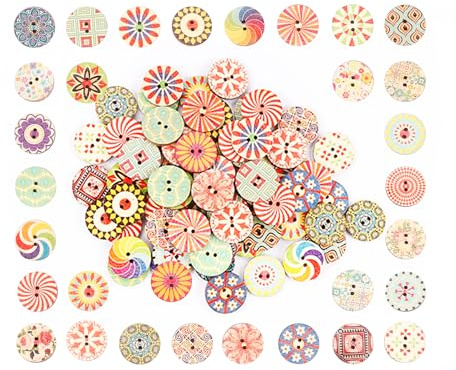 Rumyve 100pcs Wooden Button Crafts,20mm Vintage Round Knit Buttons,Mixed Wood Flower Buttons Sewing DIY Craft Decorations