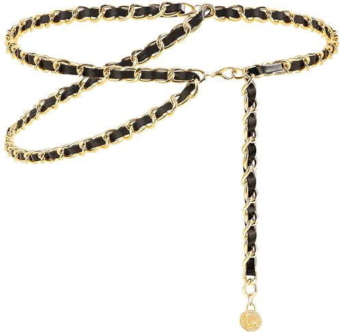 LIMHOO Leather Chain Belt for Women Layered Metal Waist Belt Adjustable Waist Chain for Dress Vest Jeans (Gold Black 2 M)