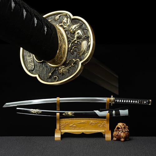 HJHUUA 103cm Japanisches Echtes Katana,Handgefertigtes Metallschwert mit Scheide,Musterstahl Samurai-Schwert,Handarbeit Bokken für Sammeln,Kendo,Iaido,Cosplay,Display,Dekor