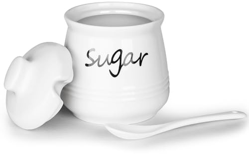 HAOTOP Ceramic Sugar Bowl with Lid and Spoon, 12oz Sugar Jar Sugar Dispenser Sugar Container Coffee Bar Accessories, Kitchen Countertop Canisters, White