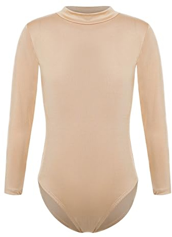 Miutii Kids Girls Basic Long Sleeve Gymnastics Leotard Ballet Dance Nude Unitards One Piece Bodysuit Dancewear Mock Neck Nude 9-10 Years
