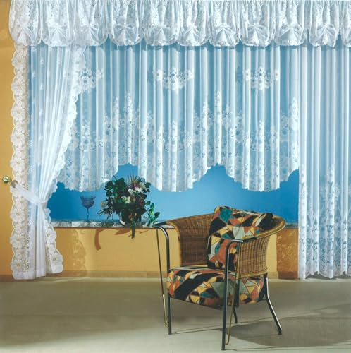 heimtexland Gardinen Jacquard Store mit Kräuselband weiß halb-transparent, Blumen Bordüre gebogt, Vorhang Typ1 - Seitenschal inkl. Raffhalter HxB 225x128 cm für Dekobreiten von 45-100 cm