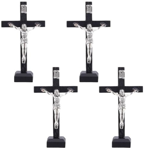 DICOSMETIC 4 piezas decoración de mesa de cruz de madera, 2,5 x 6 x 10,6 cm, crucifijo de madera de Jesucristo, cruz de pie negro, crucifixión para mesa o pared con soporte desmontable