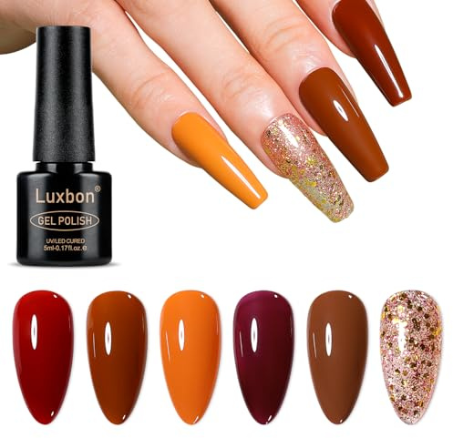 Luxbon Set de 6 piezas de Esmaltes de Uñas Semipermanentes en gel - Set de colores de otoño Esmalte en gel de otoño de larga duración, uv led Soak Off Nail Art Designs Kit de manicura 022