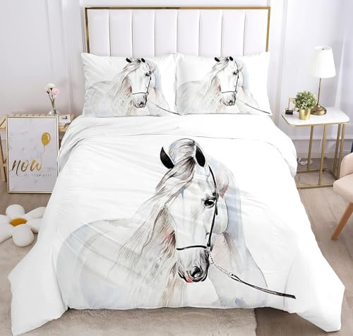 IUNTWEIE Set di biancheria da letto con cavalli 200x200, set di biancheria da letto con motivo 3D a cavalli con cerniera, biancheria da letto super morbida e piacevole in microfibra, con 2 federe 50 x