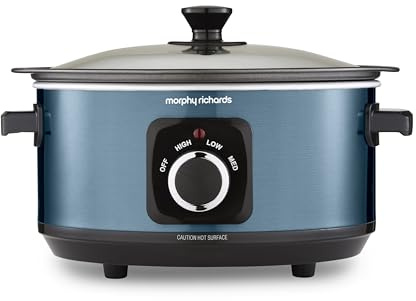 Morphy Richards Accents 3.5L Sear & Stew Slow Cooker, Shatter Resistant Non Stick Aluminium Pot, Single Pot Cooking, Compact, 3 Heat Settings, Hob Proof, Glass Lid, Easy Clean, 163W, Blue, 460023