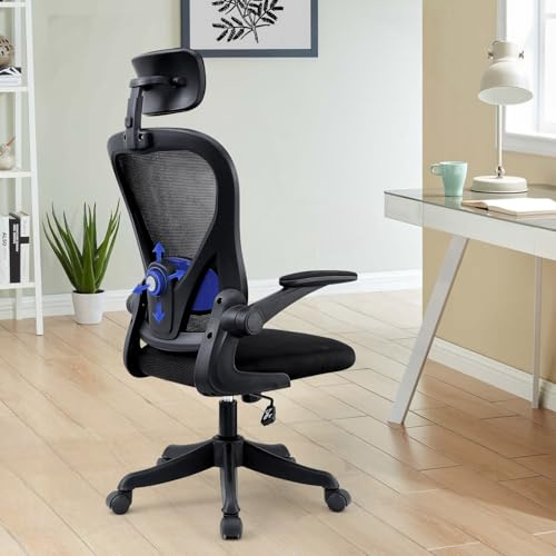 Goldeluxe Silla Oficina, Silla Escritorio, con Reposacabezas Ajustable, Soporte Lumbar, Malla Transpirable, Apoyabrazos Plegables y Asiento Cómodo, Capacidad Máxima de 120 kg
