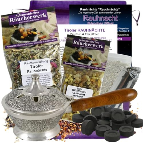 RAUHNÄCHTE räuchern 9-TLG Räucher-Set Tiroler RAUHNACHT Messing Räucherpfanne Silber, 2X Räuchermischung, WEIHRAUCH, MYRRHE, Anleitung, ZUBEHÖR, Rauhnachtfibel, Lexikon, Täschchen 95740-PS8WOM