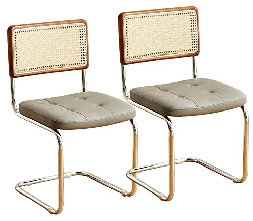 Uppsättning av 2 mitten av århundradet moderna rottingmatstolar, eleganta accentstolar för kök med bekvämt ryggstöd, läder stoppad, metallben, grå (60,53 cm D x 41,53 cm B x 86,54 cm H)