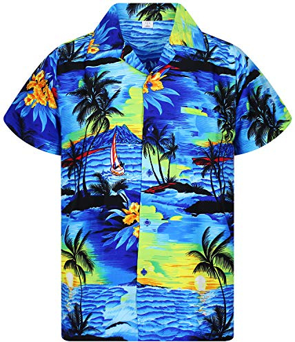 V.H.O. Funky Hawaii-skjorta för män, kortärmad med frontficka och Hawaii-tryck: strand, palmer och olika färger, Surfa blå, 5XL