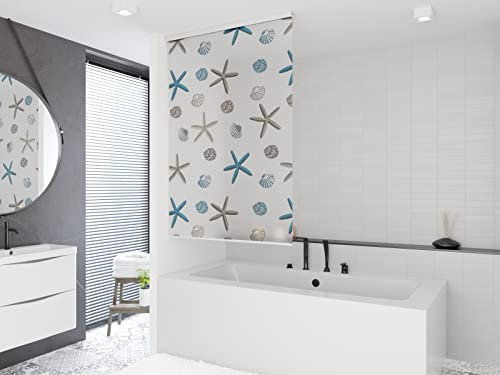 Tropik Home Shower Curtain Roller Blind 100cm wide x 240cm Drop, With Shells and Starfish Print, Waterproof