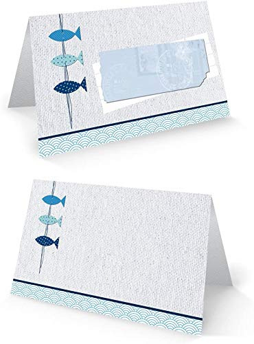 Logbuch-Verlag 100 Tischkarten 3 FISCHE blau weiß maritim türkis Namensschilder Taufe Kommunion Geburtstag Hochzeit Sommer