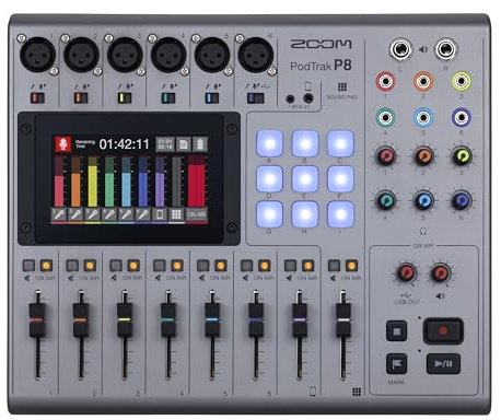 Zoom PodTrak P8 Podcast Recorder with 6 XLR Inputs, 6 Headphone Outputs, Phone Input, Sound Pads, Onboard Editing, USB Audio Interface, Battery Powered