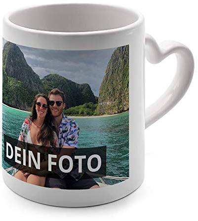 PhotoFancy® - Herz-Tasse mit Foto selbst gestalten - Kaffeebecher mit Herz-Henkel personalisieren und bedrucken - Farbe: Weiß