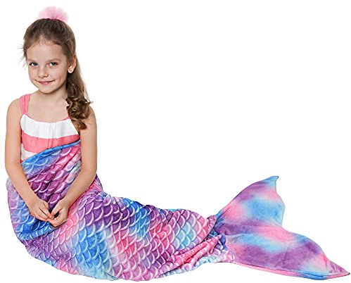 Catalonia Mermaid Tail Wearable Blanket Gift, Soft Flannel Fleece Mermaid Sleeping Bags for Kids Girls All Seasons, Colorful Scale Snuggle Blanket Birthday Gift, 155 x 51 cm