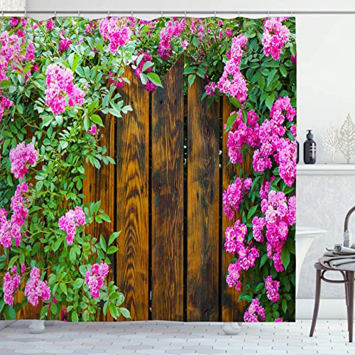 OCEUMACO Shower Curtain 3D Garden View for Wet Room Extra Long Outdoor Scene Wood Fence Flowers Bathroom Curtains Anti Mould Proof 180 x 180 cm Waterproof with Hooks Eyelets - Brown Pink