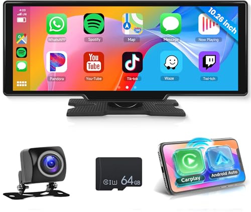 Rimoody Wireless Apple Carplay Android bärbar bilradio, 10,26 tum IPS trådlös bildskärm bilradio med Bluetooth/FM-radiosändare/röstkontroll/Google/Siri/AUX/64G TF-kort för 7-32 V bil