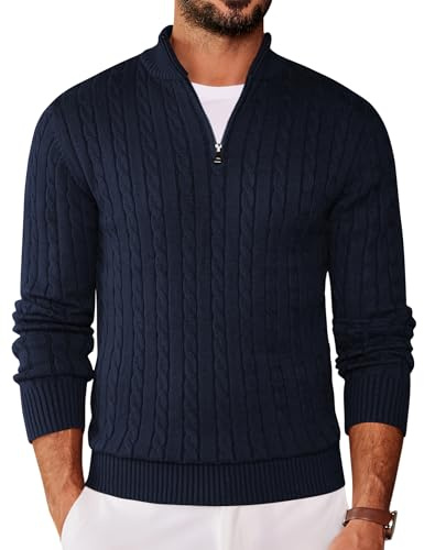 COOFANDY Herren Pullover mit Reißverschluss Half Zip Stehkragen Strickpullover Langarm Zopfmuste Pulli