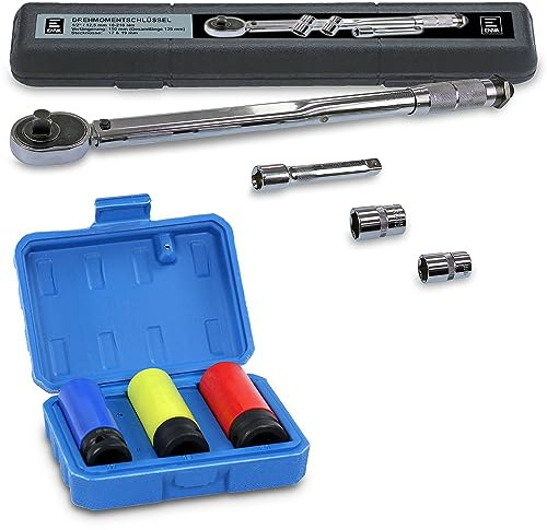 ENVA Clé dynamométrique professionnelle 10-210 Nm + jeu de 3 douilles puissantes avec rallonge pour réparation et entretien de voiture