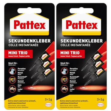 Pattex Sekundenkleber Flüssig Mini Trio, spülmaschinenfester Superkleber in 3 praktischen Tuben, schnelltrocknender farbloser Flüssigkleber, 2x 3x1g, mehrfarbig