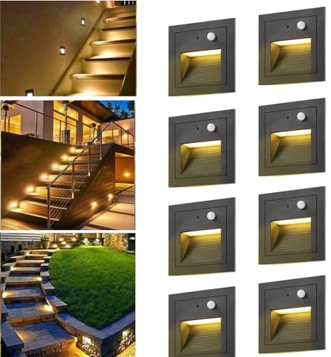 SUBOSI 8er LED Treppenlicht Wandeinbauleuchte Aluminium 3W 230V Warmweiß Treppenbeleuchtung außen mit Bewegungsmelder,Wandleuchte Stufenlicht IP65 Wasserdicht