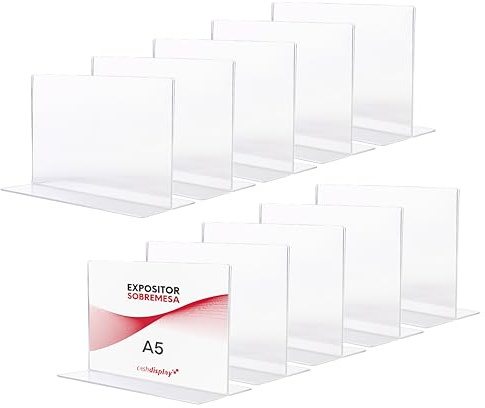 CASHDISPLAY - Expositor Metacrilato A5 Horizontal - Pack 10unid | Porta Menus Sobremesa Resistente y Fácil Limpieza | Expositor Sobremesa para Publicidad de Tiendas y Cartas de Restaurante