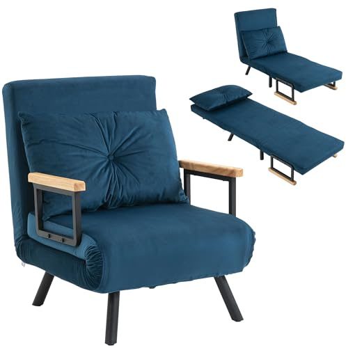 HOMCOM Konvertibel fåtölj, 1-sits, 4-i-1 soffa, konvertibel fåtölj, sängstol med ryggstöd justerbart i 5 lägen, kudde ingår, 1-sits gästsoffa, vardagsrum, belastning 120 kg blå