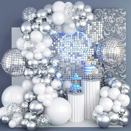 FELHPSP White Silver Balloon Arch Garland Kit, 86PCS Disco Ball Set With Star Confetti and Foil Decorations for Birthday, Baby Shower, Wedding, Anniversary Party Decor Supplies