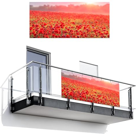 MuchoWow© Balkon Sichtschutz Einseitig Groß PVC Kunststoff Garten | 90x200 cm - Windschutz ohne bohren Wetterfest Sichtschutzzaun Terrasse Balkonverkleidung Deko Mohnblumen - Blumenfeld - Natur