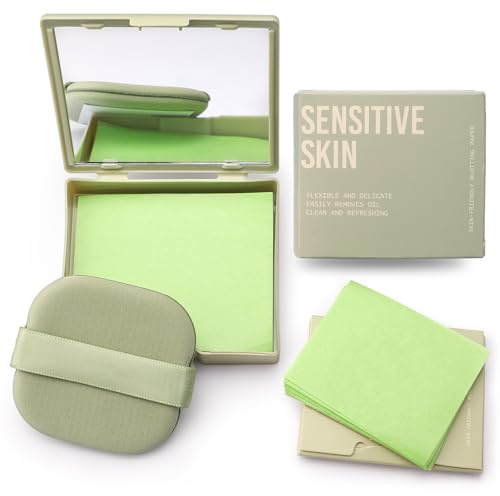 Erinde Oil Blotting Sheets for Face with Mirror and Puff, 300 Sheets Oil Blotting Paper for Oily Skin, Face Oil Absorbing Sheet, Natural Oil Control Film, Absorb Excess Oil, Makeup Friendly