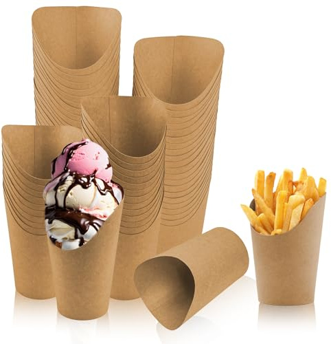60Stk Pommes Frites Halter aus Kraftpapier, Popcorn Waffel Snacks Container | 355ml Verdickt Einweg Pommes Tassen mit Schrägem Mund, Wurstwaren Dessert Becher zum Mitnehmen für Party Eis