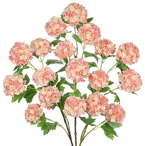 Hollyone Lot de 3 fleurs artificielles d'hortensia - 18 têtes de fleurs artificielles en soie rose avec longues tiges - Hortensias décoratifs pour décoration de la maison, mariage, salon, cuisine