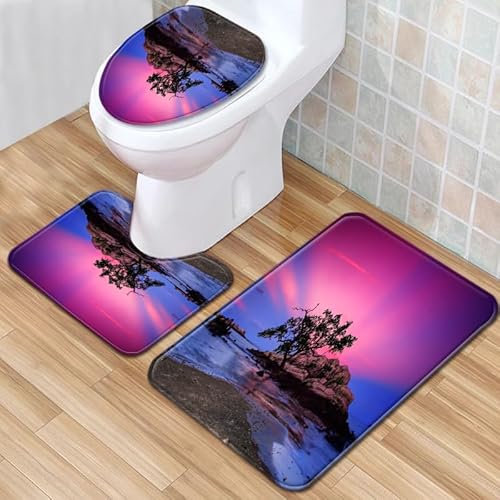 Bad Teppiche Set 3-Teiliges Lila Rosa WC Vorleger Mit Ausschnitt Badematte Saugfähig WC Deckelbezug Badvorleger rutschfest Waschbar Toilettensitzbezug Badgarnitur (45x75cm)