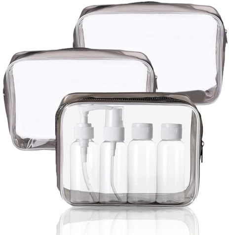 EnixwH 3 Pièces Sac Transparent, Trousse de Toilette Transparente, Trousse Voyage Avion Cabine, PVC Étanche Trousse de Maquillage, Sac de Rangement Transparent
