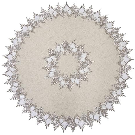 Raedan Dekoratives Spitzendeckchen aus Naturleinen, 84 cm, rund, neutrale Erdtöne, Beige, Spitze, Couchtischaufsatz, Kommode, Schal, Platzsets (Natur, 84 cm rund)