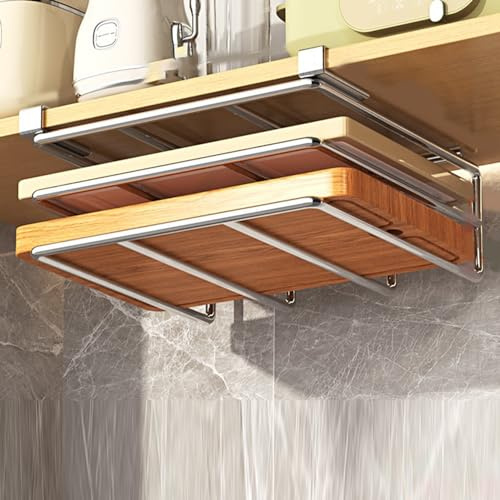 Obelunrp Cutting Board Organizer Under Cabinet, 10.4x11.8x2.4inch Space Saving Metal Cutting Board Holder, Under Shelf Counter Chopping Board Rack, Pot Lid Holder for Cabinet Door (Silver)