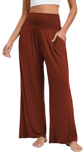 Stamain Pantaloni Donna Elastico a Vita Alta Larghi a Gamba Larga Pantalone a Palazzo Dritta Comodo Fluidi Estivi Tinta Unita con Tasche Caramello L