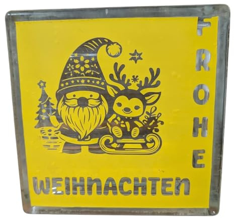 beleuchteter Glasbaustein 19 x 19 cm mit Weihnachtsmotiv, handgefertigt, batteriebetrieben (Wichtel Frohe Weihnachten)