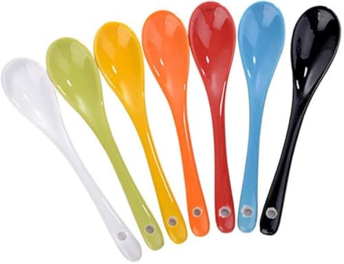 Porzellan-Suppenlöffel, lange Reislöffel, Farben, Keramik-Suppenlöffel für Zuhause, Küche, Restaurant, 7 Stück