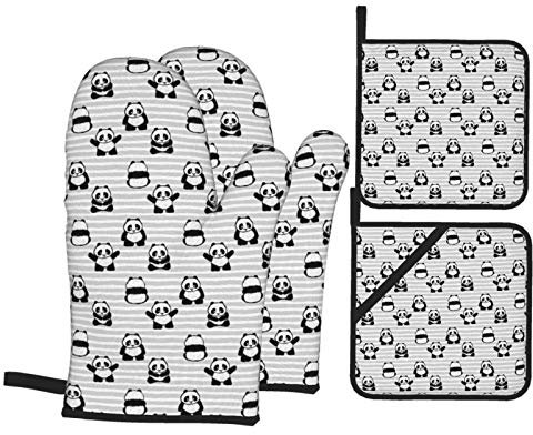 4 Stück Ofenhandschuhe Set Kleine Pandas Auf Streifen Grillhandschuhe Mit Innere Baumwollschicht Topfhandschuhe Doppelschicht Ofenhandschuhe Kitchen, Für Grillen, BBQ, Mikrowelle