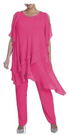 Traje de pantalón para madre de novia, talla grande, media manga, 2 piezas, traje formal de gasa para invitados de boda, fucsia, 36