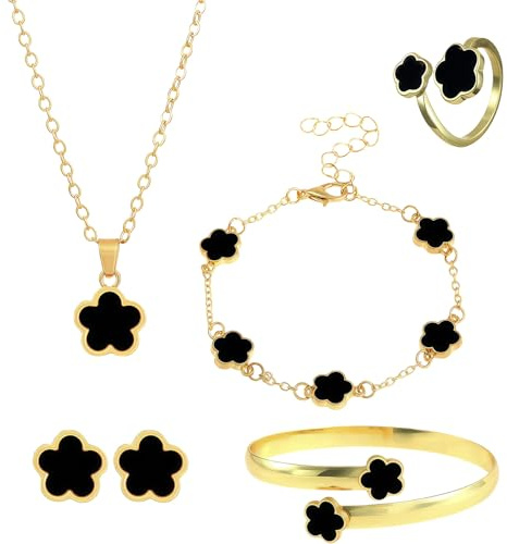 GWAWG Bijoux Femme Trèfle à Quatre Feuilles Porte-Bonheur, Ensemble 6 Pièces Collier, Bracelet, Bague, Boucles d'Oreilles en Acier Inoxydable, Parures Cadeau pour Anniversaire, Saint-Valentin