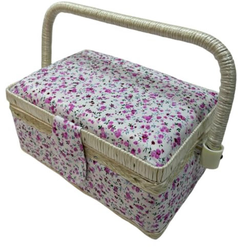 Costurero de Madera, Caja de Costura Forrada en Tela con 8 Compartimentos, Organizador con Alfiletero, Caja de Almacenamiento con Asa y Bandeja, (Flor rosa, Pequeña)