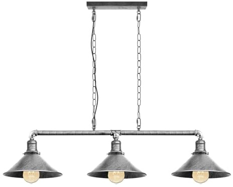 LEDSone 3 Head Pipe Ceiling Pendant Light 102 cm Brushed Silver E27 Cone Metal Lamp Shade Adjustable Chain Steampunk Hanging Fixture for Kitchen Island, Dining Room, Bar, Loft